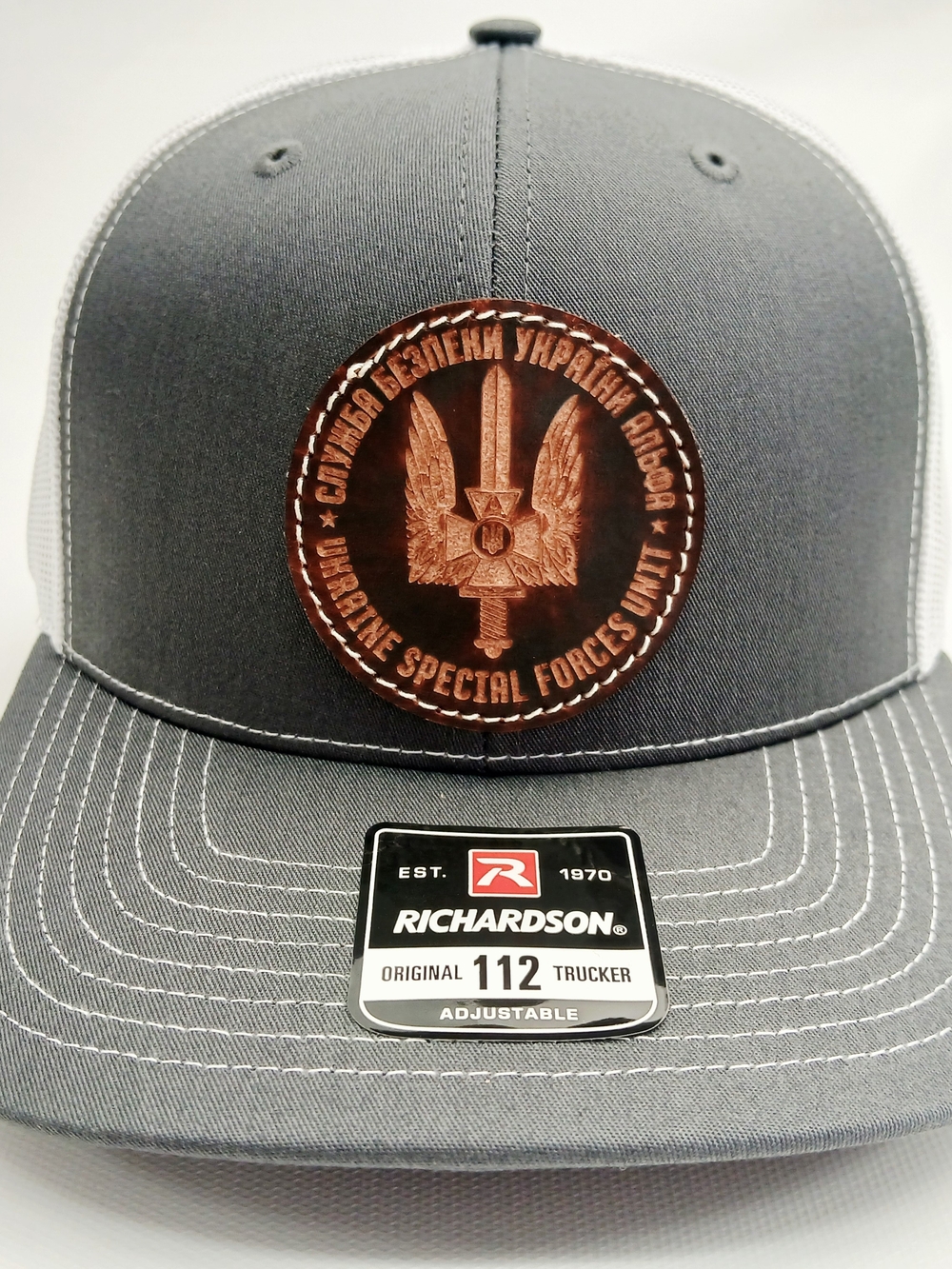 Richardson Gray Trucker Hat with Tactical Leather Patch